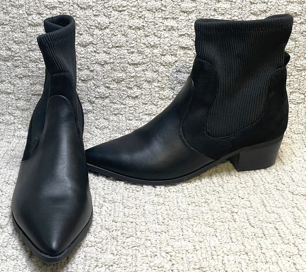 Crown Vintage Black Leather & Knit Ankle Boots Womens 8.5 EUC